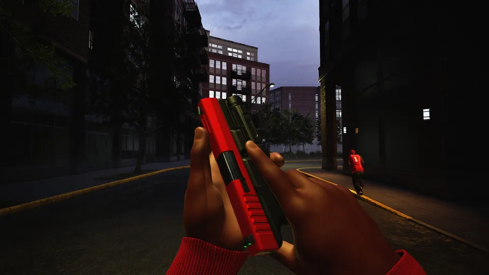 Hood Warfare 2 screenshot: first-person view aiming a red pistol in a dark downtown street