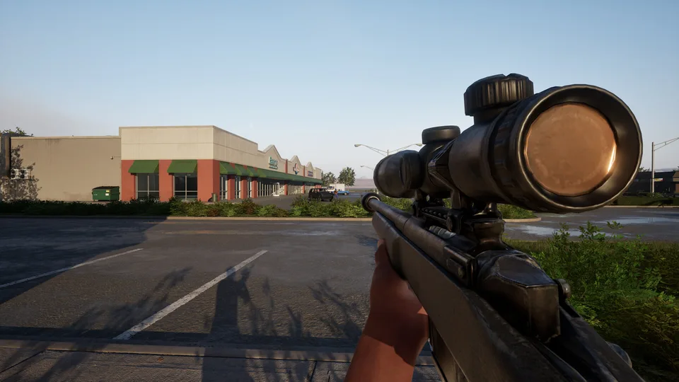 Hood Warfare 2 screenshot: scoped sniper rifle overlooking a shopping plaza parking lot