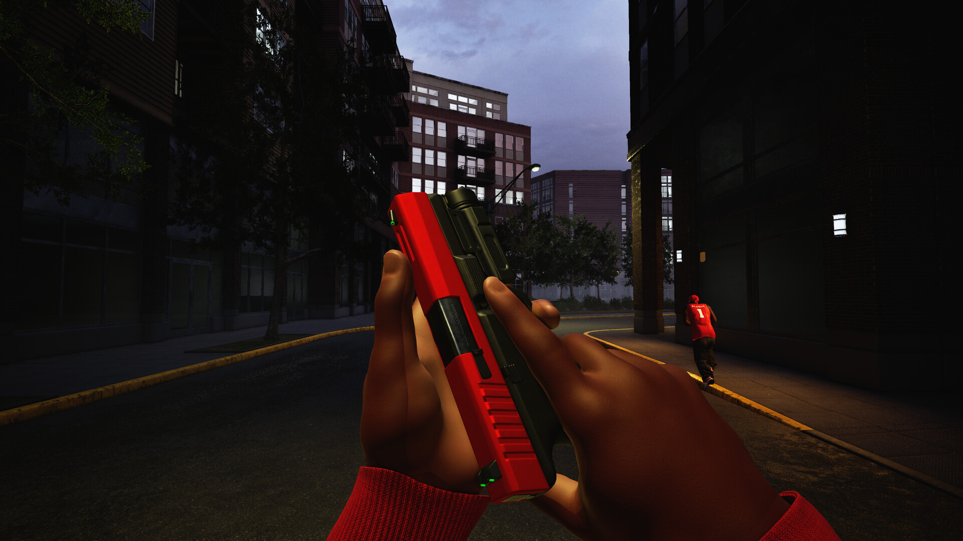 Hood Warfare 2 screenshot: first-person view aiming a red pistol in a dark downtown street